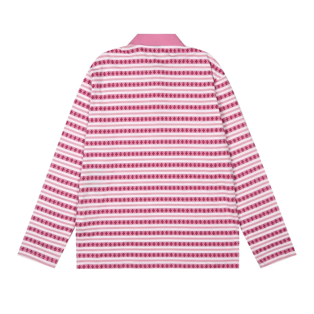 P210 White background picture [Popular item] Code: 25020# Color: Black/Pink/Blue Size: S to - CH Croix heart niche design cross jacquard striped long sleeves brings striped Polo to Next Levels. Loose fit. Same style for men and women. Lazy and casual. Street style. Three colors. Customized style.